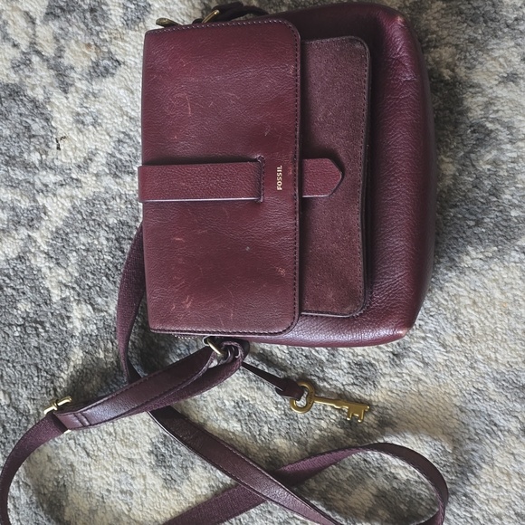 Fossil Handbags - Fossil Kinley Leather Suede Crossbody Handbag Fig/Maroon/Wine Color Multi Pocket